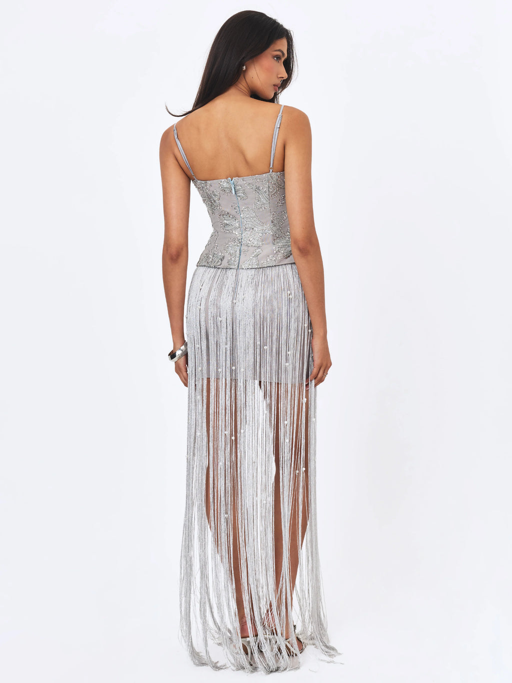 Olisa Silver Beaded Peplum Tassel Maxi Dress