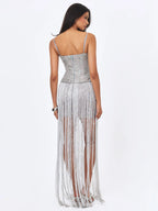 Olisa Silver Beaded Peplum Tassel Maxi Dress