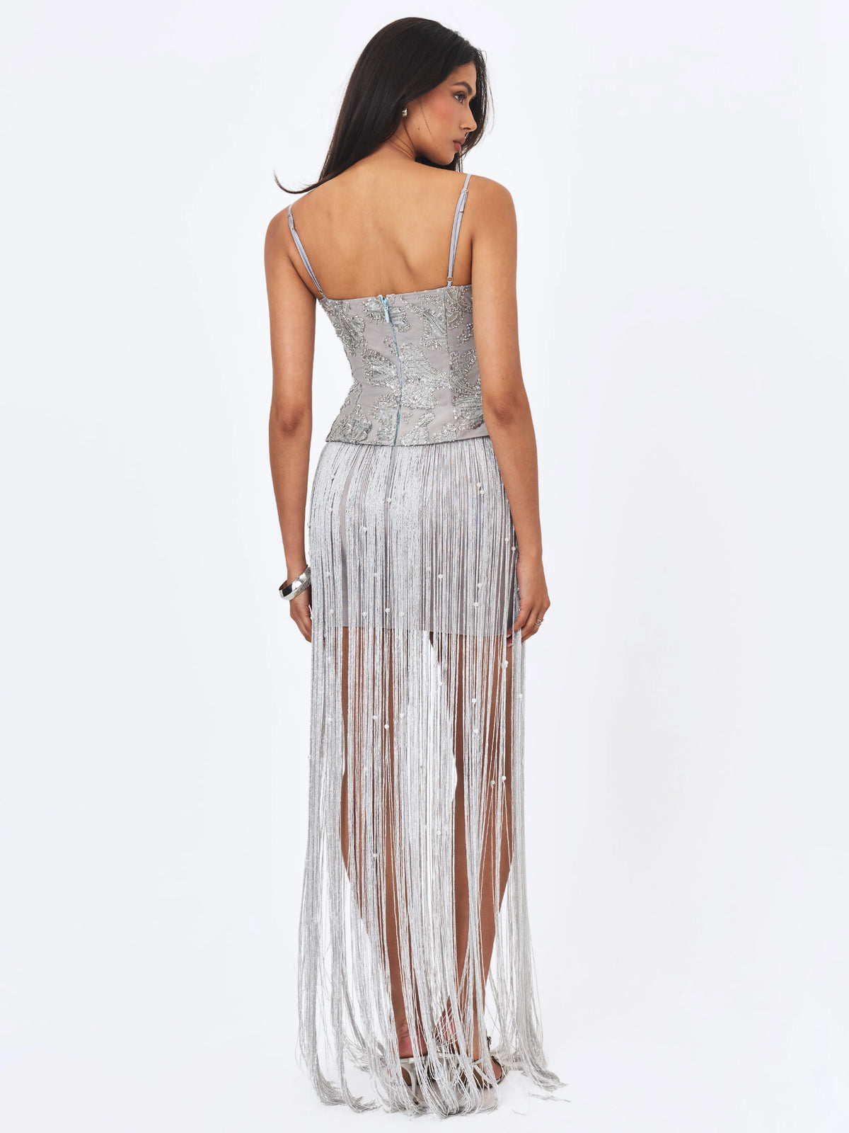 Olisa Silver Beaded Peplum Tassel Maxi Dress