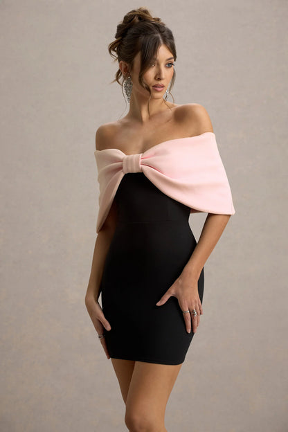 Sadie Black Pink Bow Bardot Mini Dress