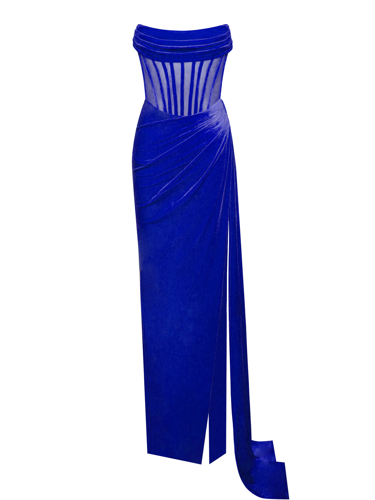 Priya Royal Blue Draping Corset High Slit Velvet Gown Archive Sale