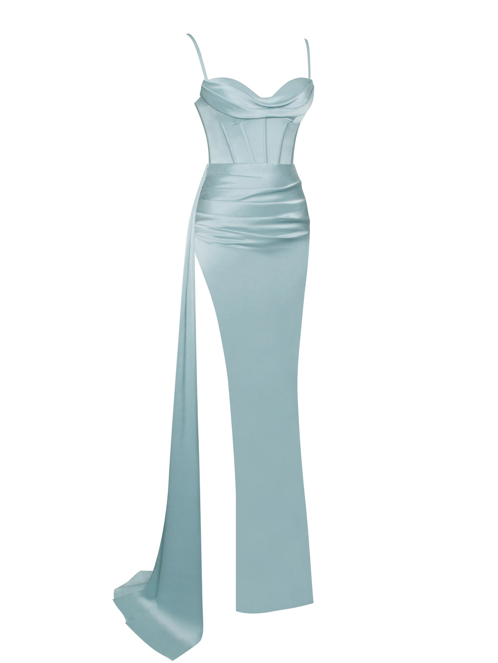 Elayna Pale Blue Strappy Satin Corset High Slit Gown Archive Sale