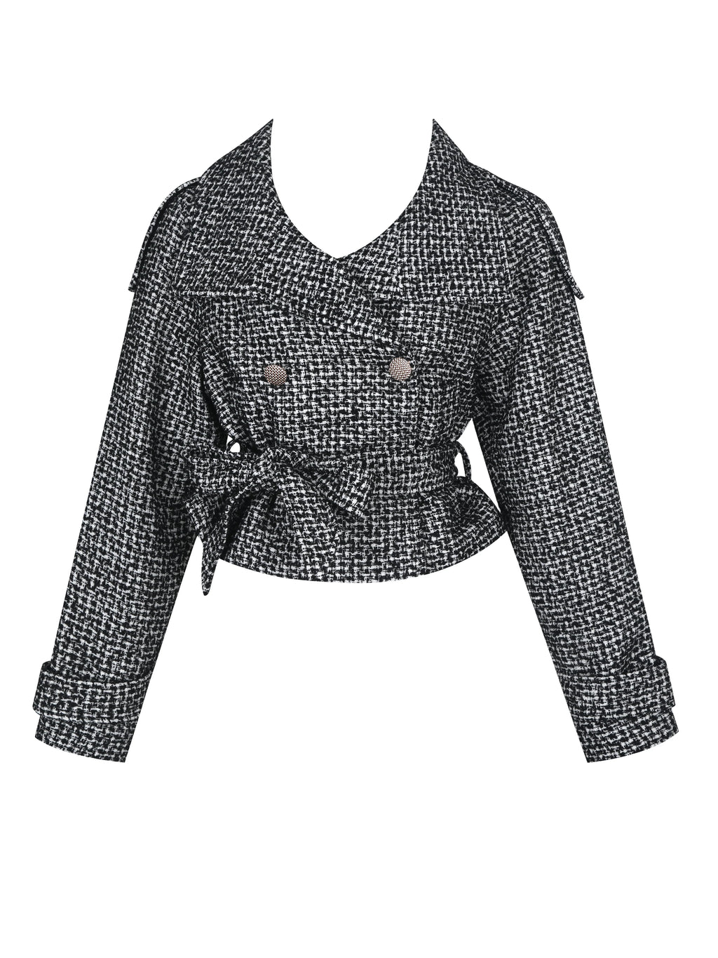 Sadie Black White Tweed High Collar Belted Mini Jacket