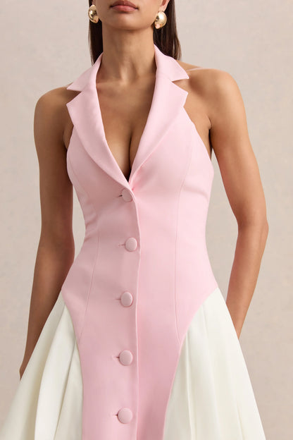 Valetta Light Pink Plunge Neck Tailored Mini Dress