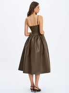 Parisia Cocoa Vegan Leather Drop Waist Midi Dress