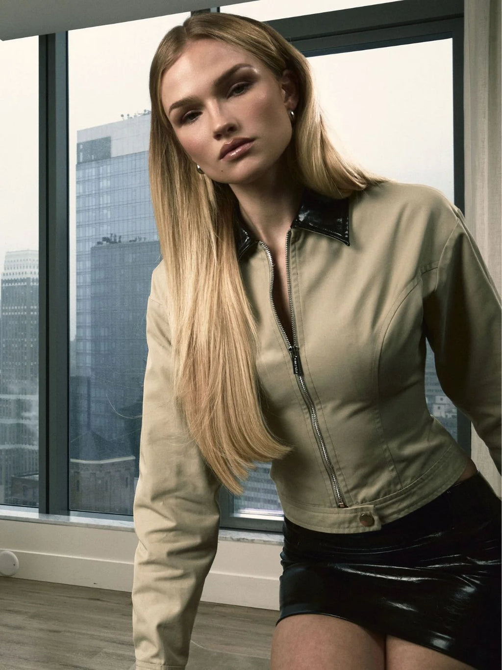 Vinette Sage Cotton Gabardine Cropped Front Zip Jacket