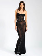 Ulani Black Burnout Velvet Detail Mesh Maxi Dress