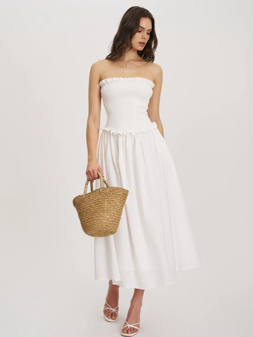 Quadiya White Cotton Seersucker Smocked Strapless Midi Dress Archive Sale