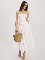 Quadiya White Cotton Seersucker Smocked Strapless Midi Dress Archive Sale