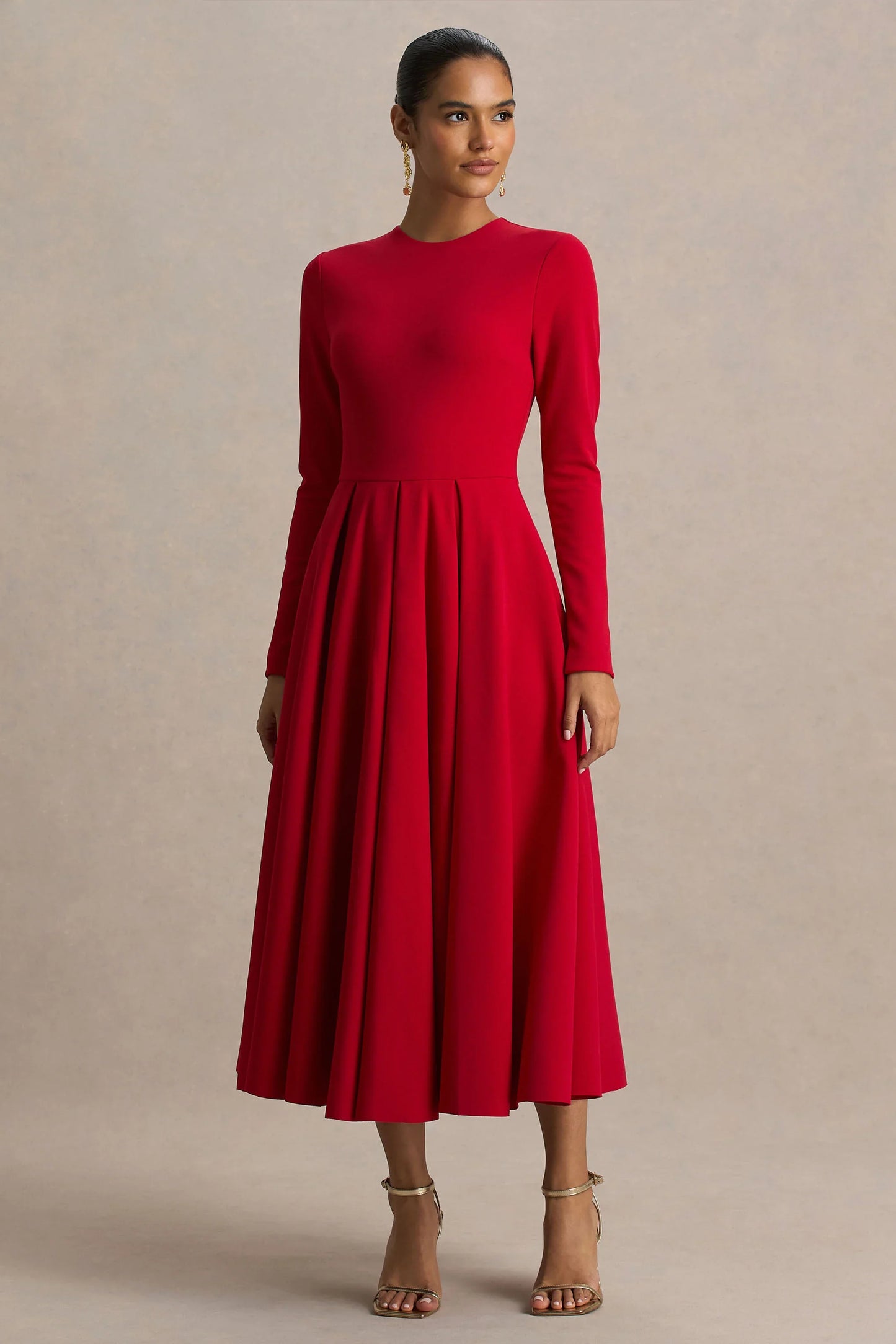Bellamy Red Crew Neck Long Sleeve Midi Dress