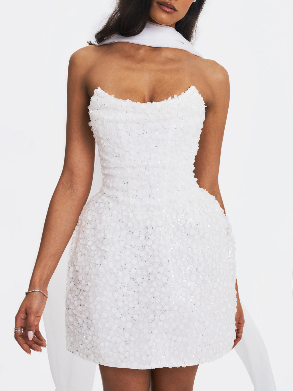 Tressa White Beaded Mesh Strapless Mini Wedding Dress