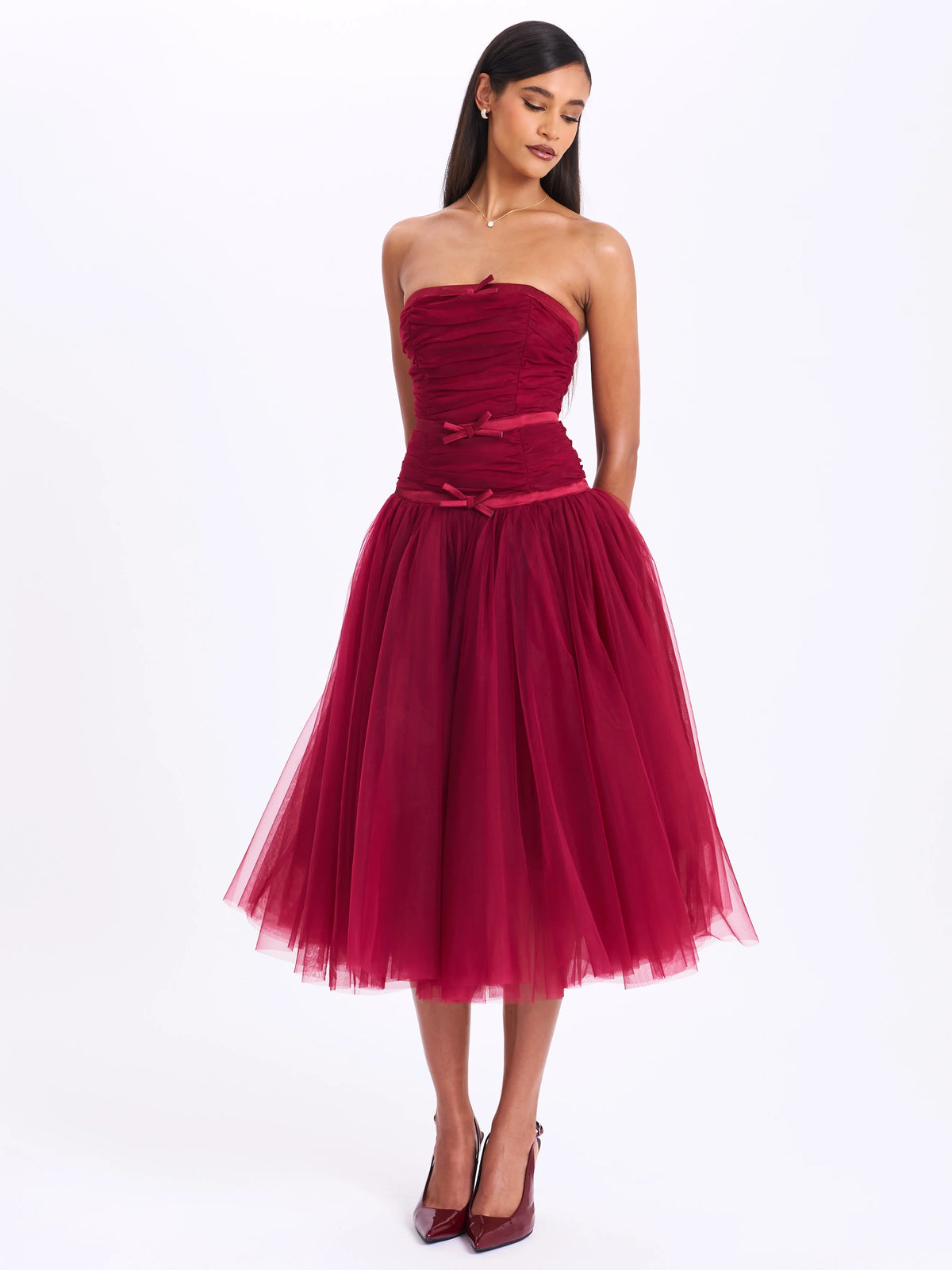 Mabel Burgundy Drop Waist Layered Mesh Midi Puffy Dress with Bow