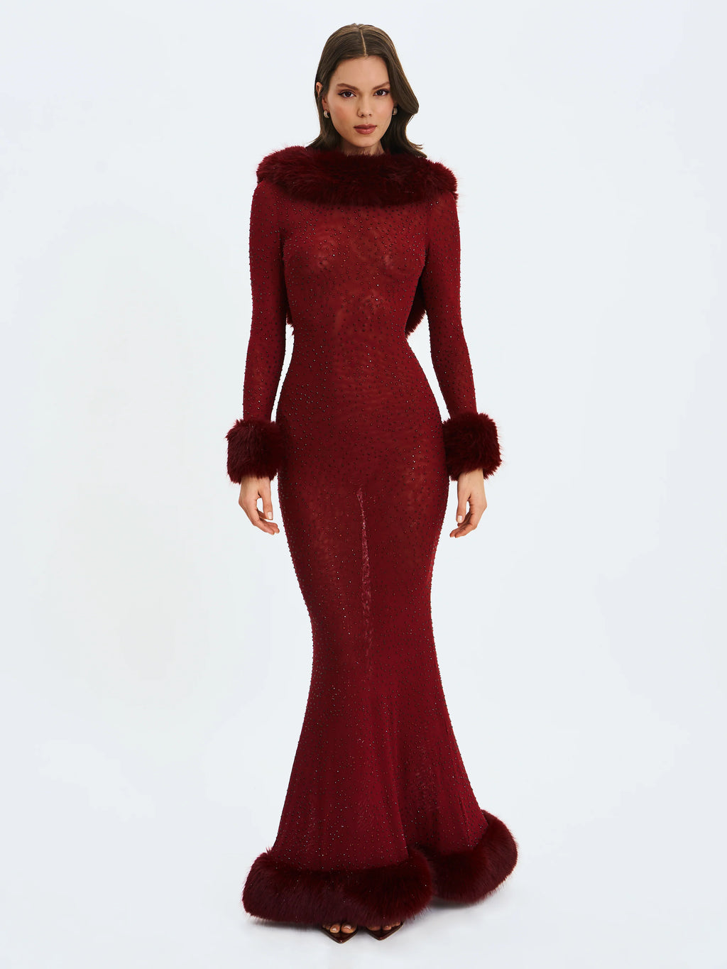 Mellie Burgundy Regular Length Rhinestone Mesh Low Back Mermaid Gown