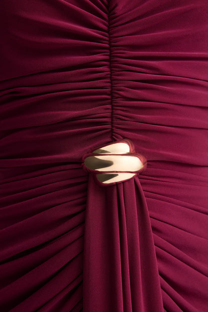 Beverly Burgundy Bandeau Maxi Dress With Gathered Detailing