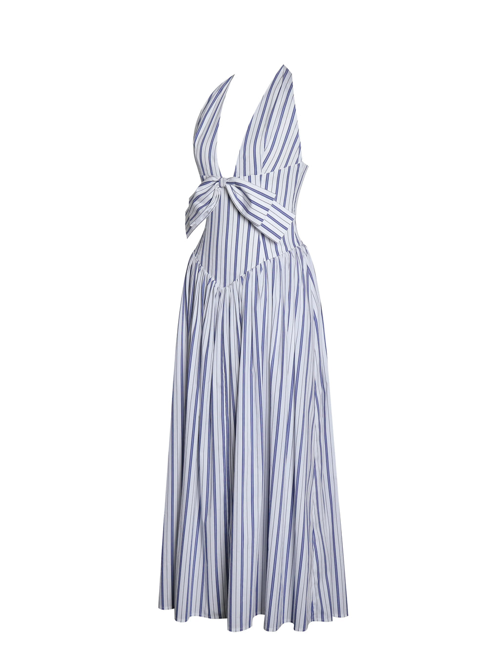 Mackenna Navy Cotton Stripe Halter Smock Back Maxi Dress