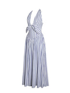 Mackenna Navy Cotton Stripe Halter Smock Back Maxi Dress