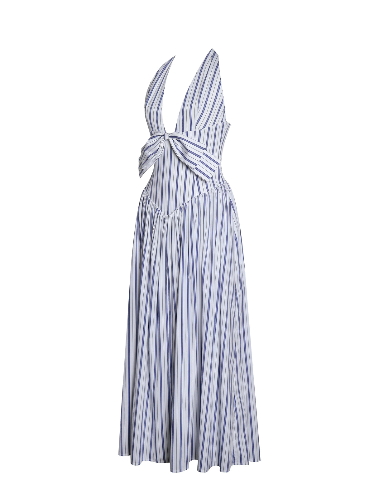Mackenna Navy Cotton Stripe Halter Smock Back Maxi Dress
