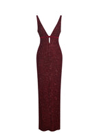 Elora Crimson Sequin Beaded Keyhole Maxi Dress
