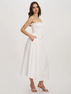 Quadiya White Cotton Seersucker Smocked Strapless Midi Dress Archive Sale