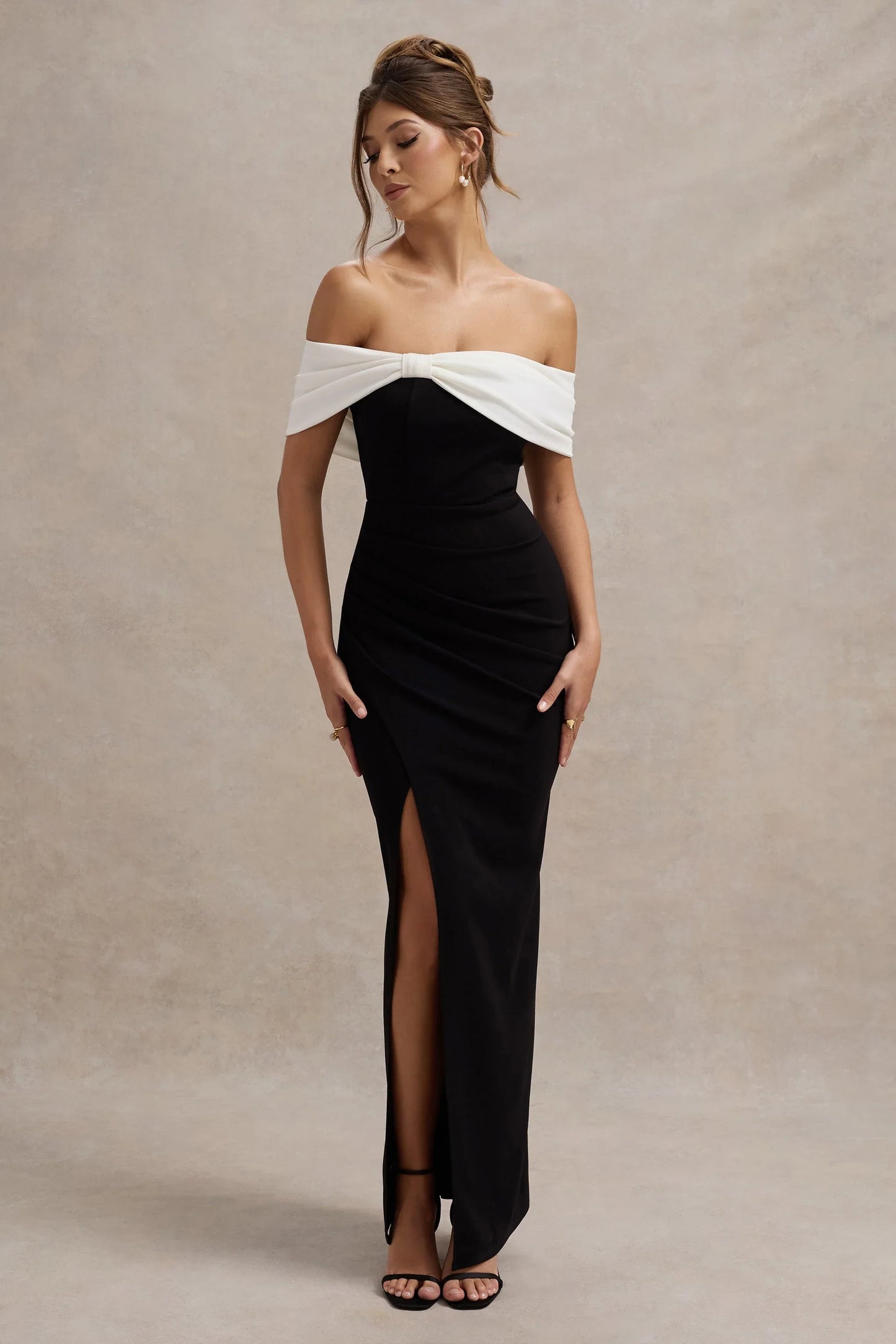 Eva Black White Bardot Bow Detail Maxi Dress With Thigh Split