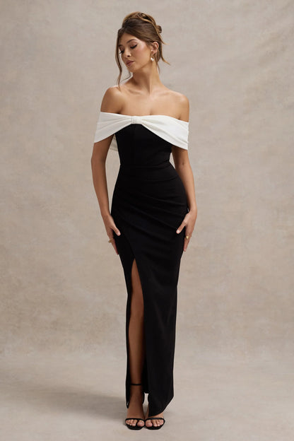 Eva Black White Bardot Bow Detail Maxi Dress With Thigh Split