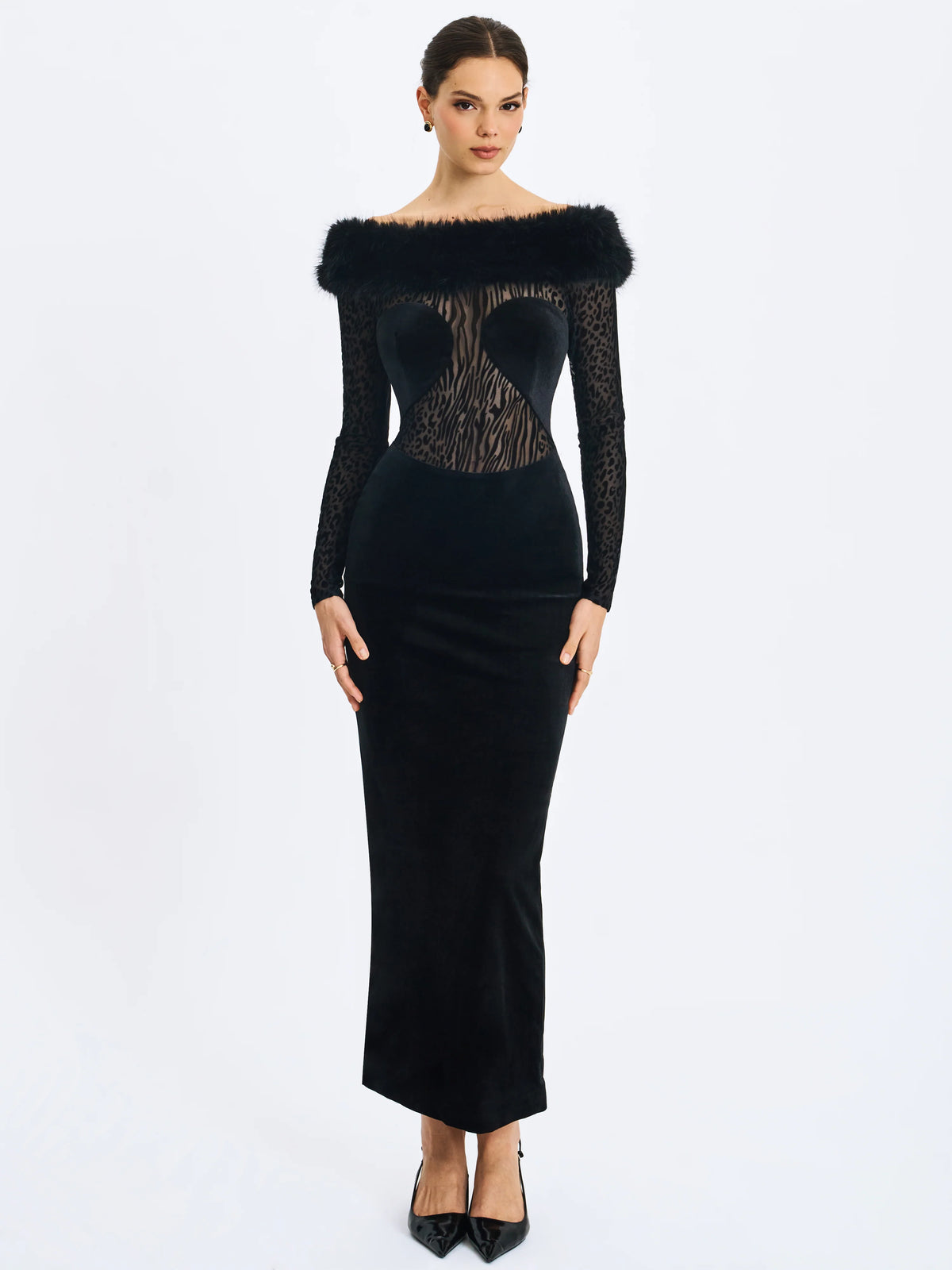 Alexis Black Velvet Animal Print Fur Boatneck Maxi Dress