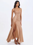 Viveca Apricot Crystal Embellished Asymmetrical Ruched Maxi Dress