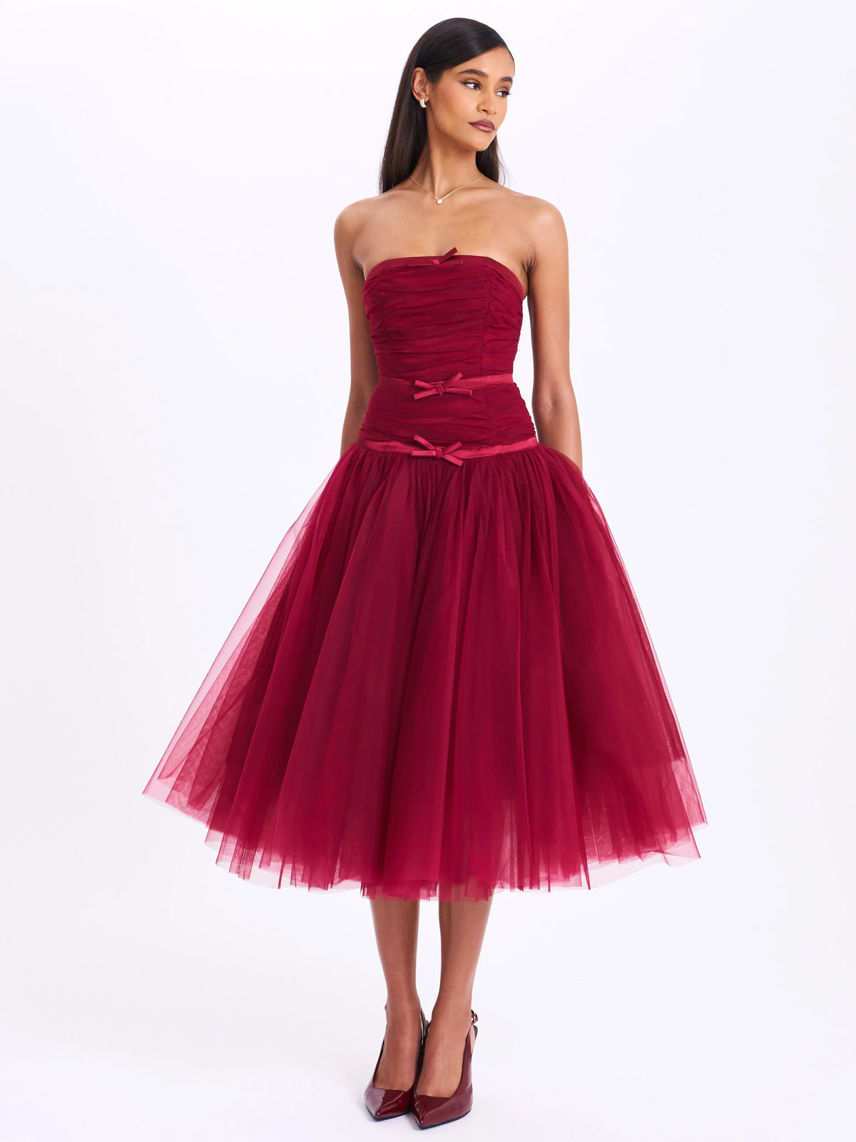 Mabel Burgundy Drop Waist Layered Mesh Midi Puffy Dress with Bow