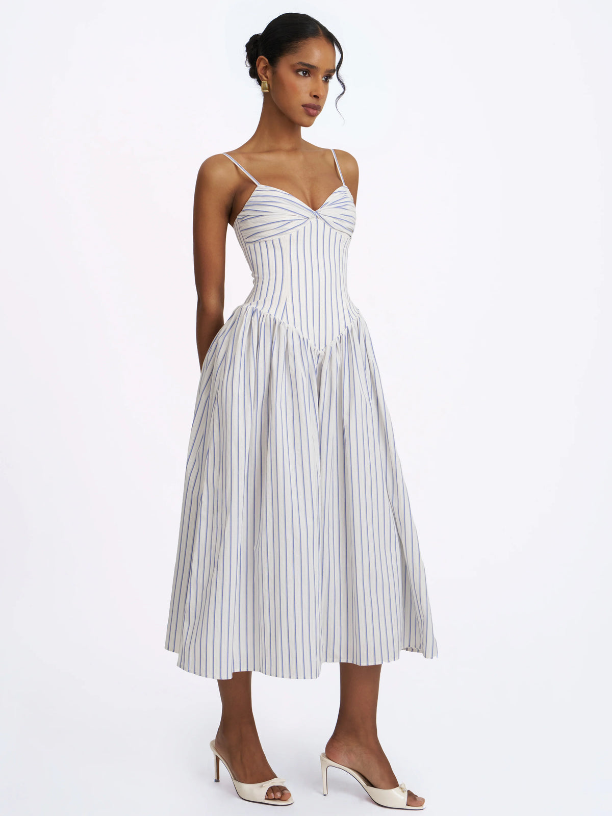 Olea Sky Blue Striped Cotton Poplin Ruched Midi Dress