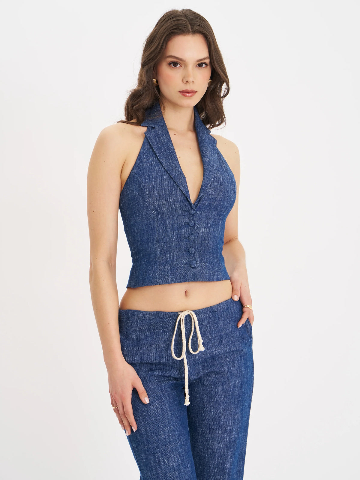 Rafaella Navy Cotton Denim Halter Lapel Top Archive Sale