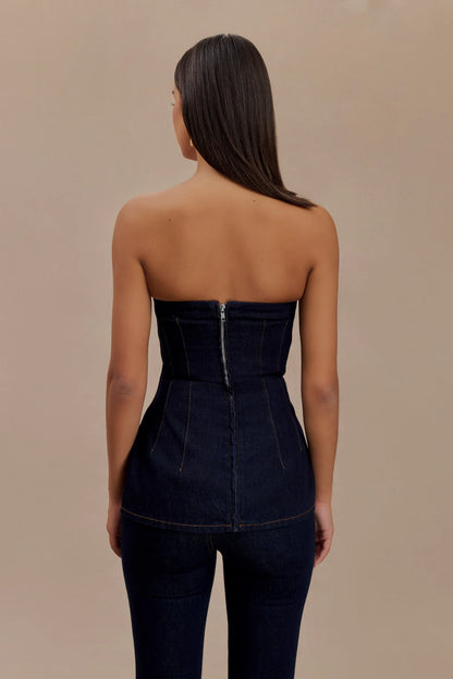 Madelyn Strapless Longline Denim Top Indigo Blue