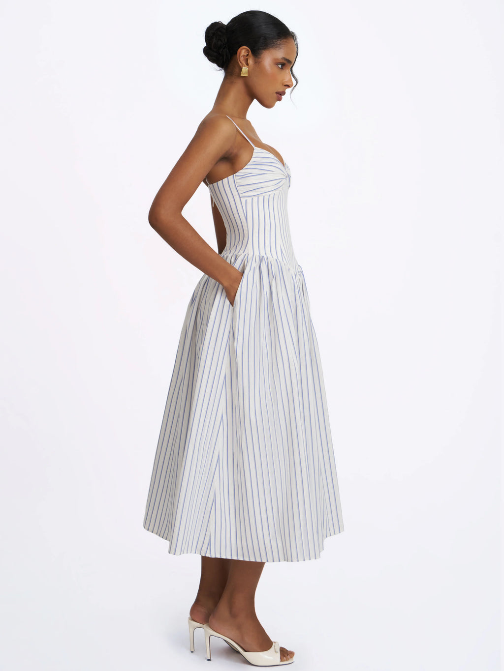 Olea Sky Blue Striped Cotton Poplin Ruched Midi Dress