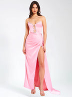 Marilyn Pink Satin Crystal Embellished High Slit Gown Archive Sale