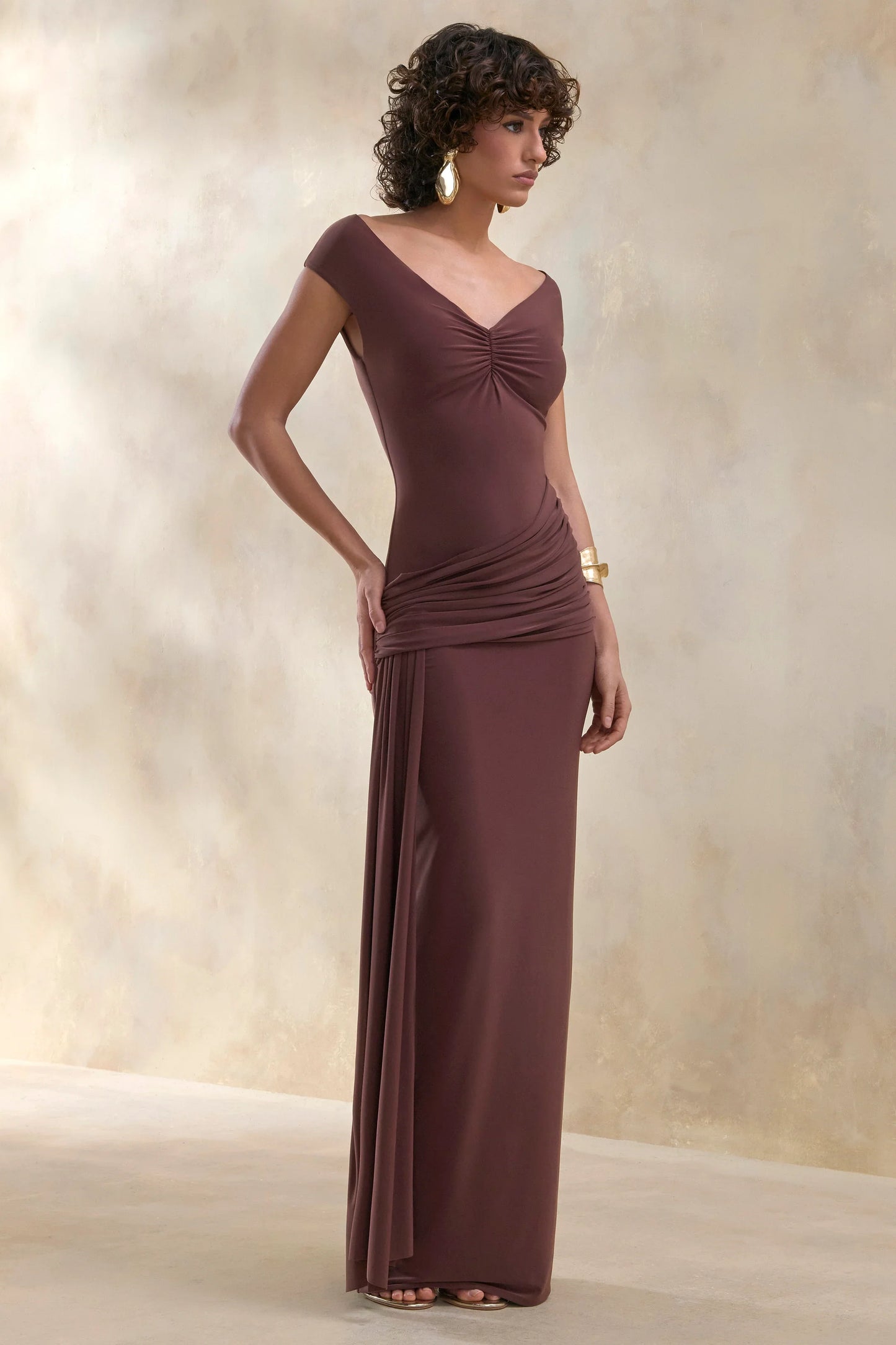 Petronia Brown V Neck Maxi Dress With Wrap Detail