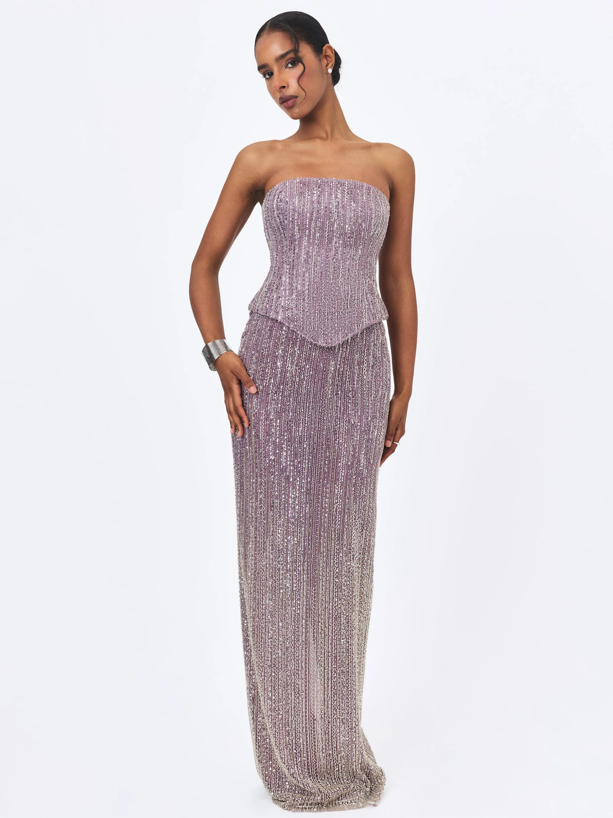Tosca Beaded Purple Gradient Strapless Peplum Maxi Dress
