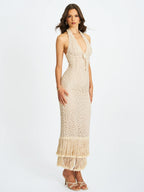 Faelyn Off White Double Fringe Crochet Halter Maxi Dress
