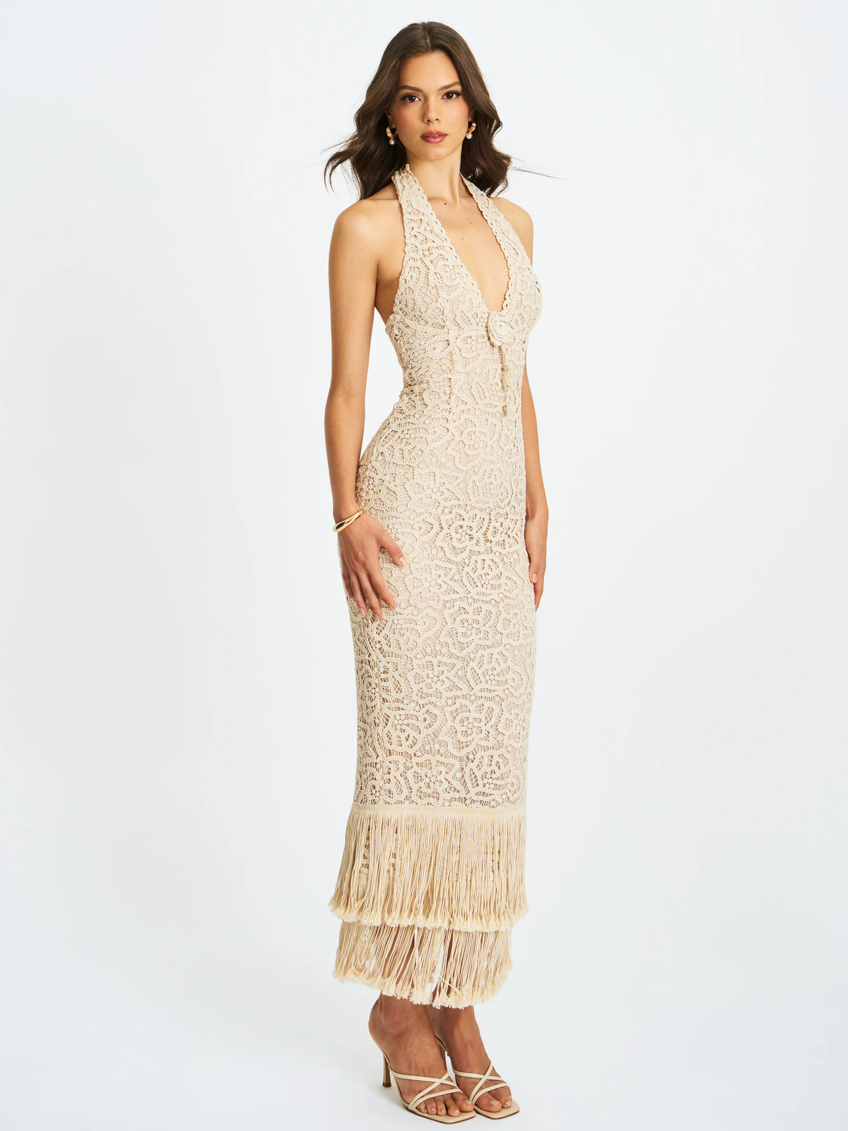 Faelyn Off White Double Fringe Crochet Halter Maxi Dress