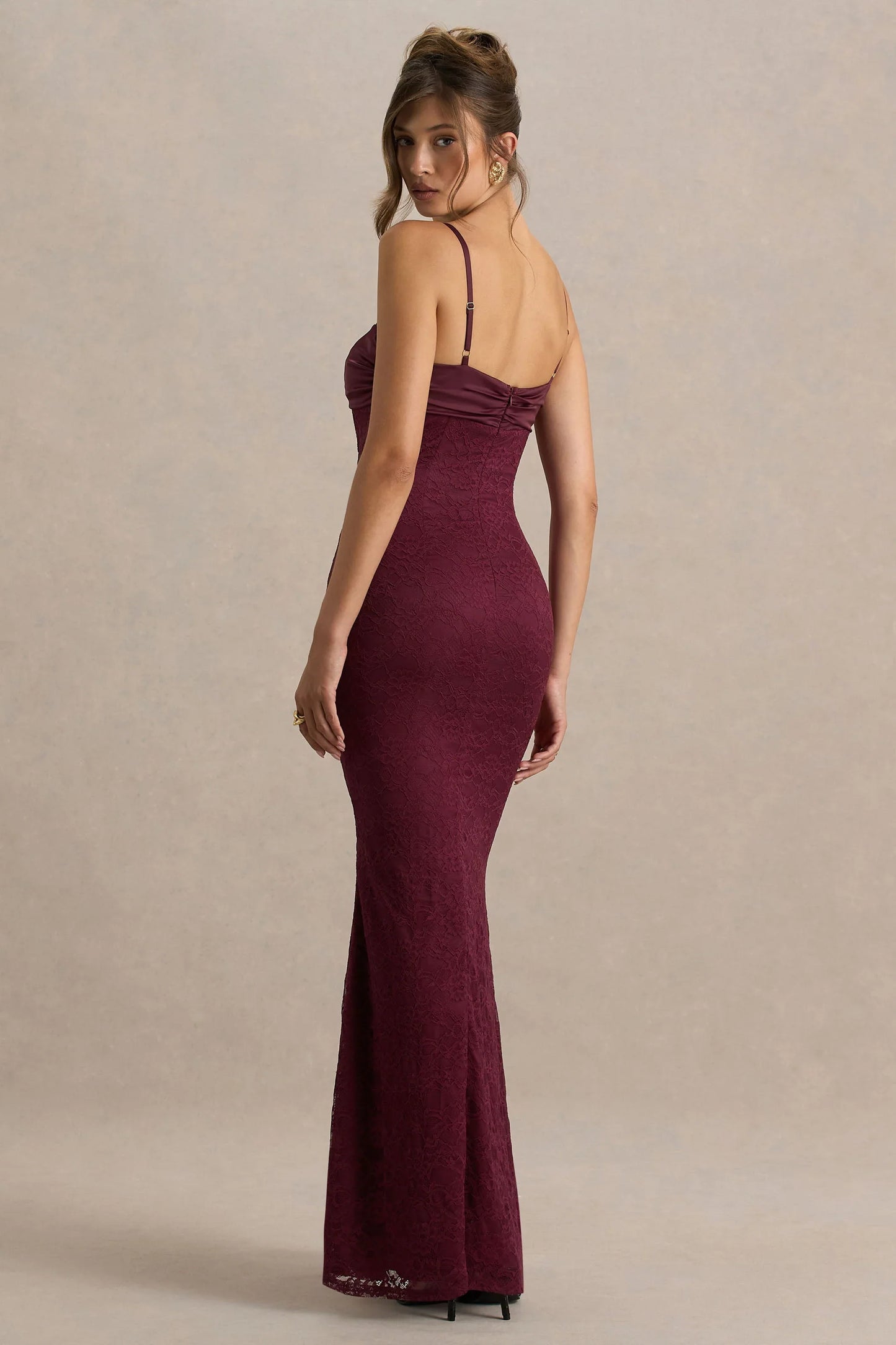 Juana Burgundy Lace And Satin Sweetheart Neck Satin Maxi Dress