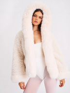 Jumbo Kali White Vegan Shearling Fur Trimmed Coat