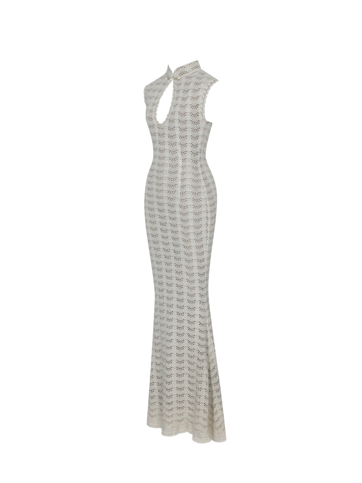 Xylona Beige Gold Crochet Teardrop Neckline Mermaid Maxi Dress