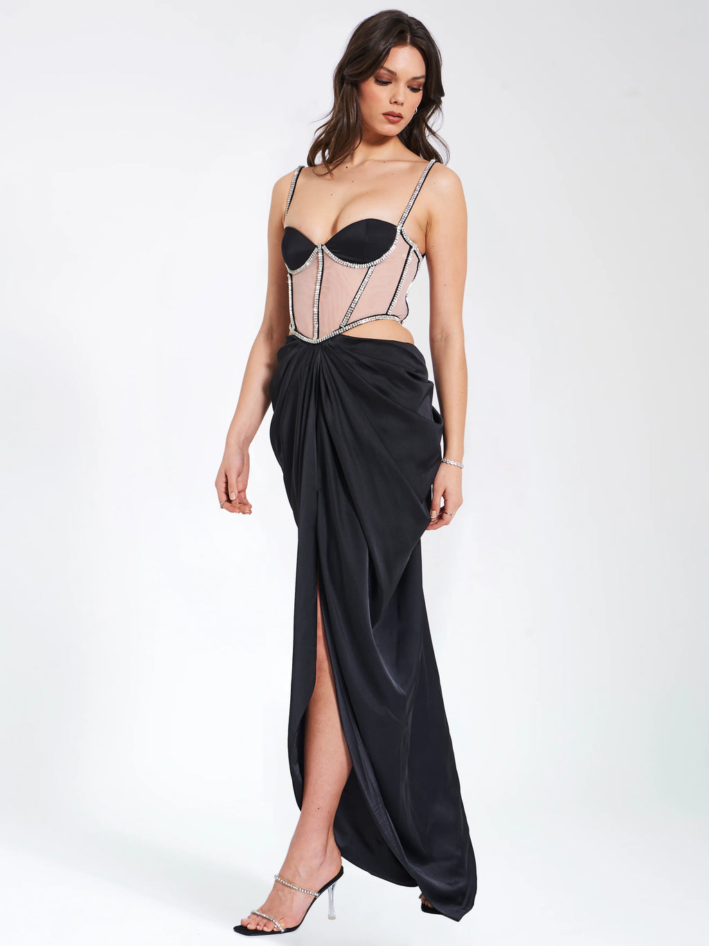 Cadence Black Satin Crystal Embellished Corset Dress Archive Sale