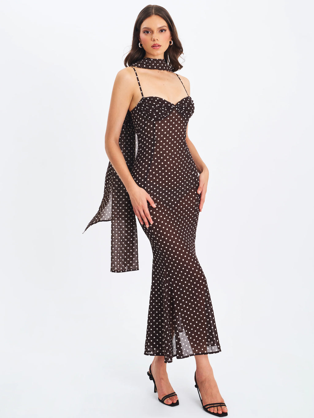 Yadira Brown Base Polka Dot Chiffon Maxi Dress