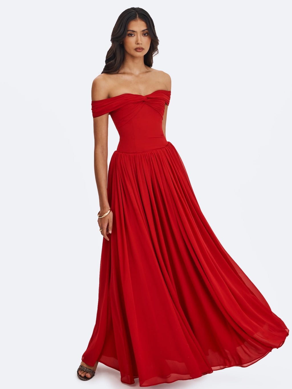 Tereza Crimson Georgette Bardot High Slit Maxi Dress