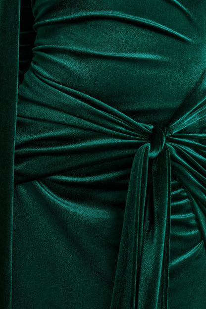 Jessara Bottle Green Bardot Neck Maxi Dress With Knot Details
