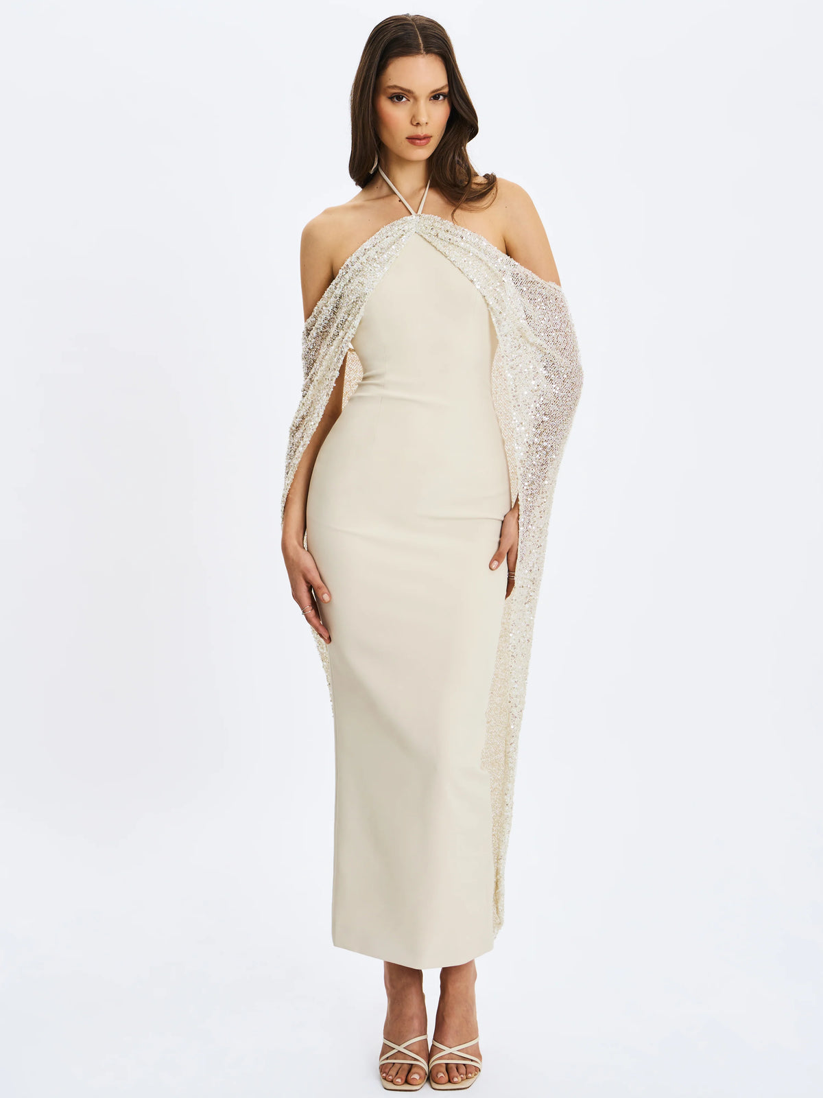 Quimera Almond Beaded Cape Halter Off Shoulder Maxi Gown