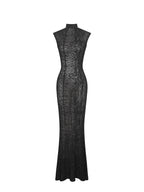 Tyanna Black Burnout Velvet Mesh Backless Mermaid Maxi Dress