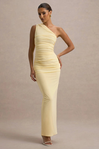 Dalarie Pale Lemon One Shoulder Gathered Maxi Dress