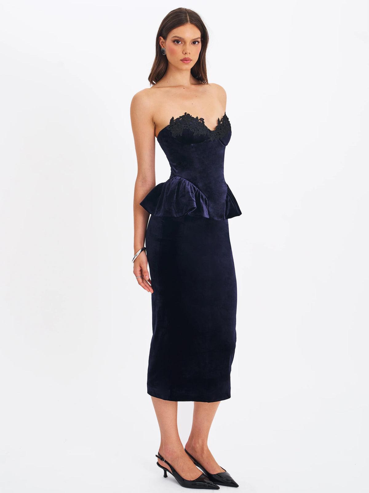 Pascha Black Lace Appliqué Strapless Peplum Midi Dress