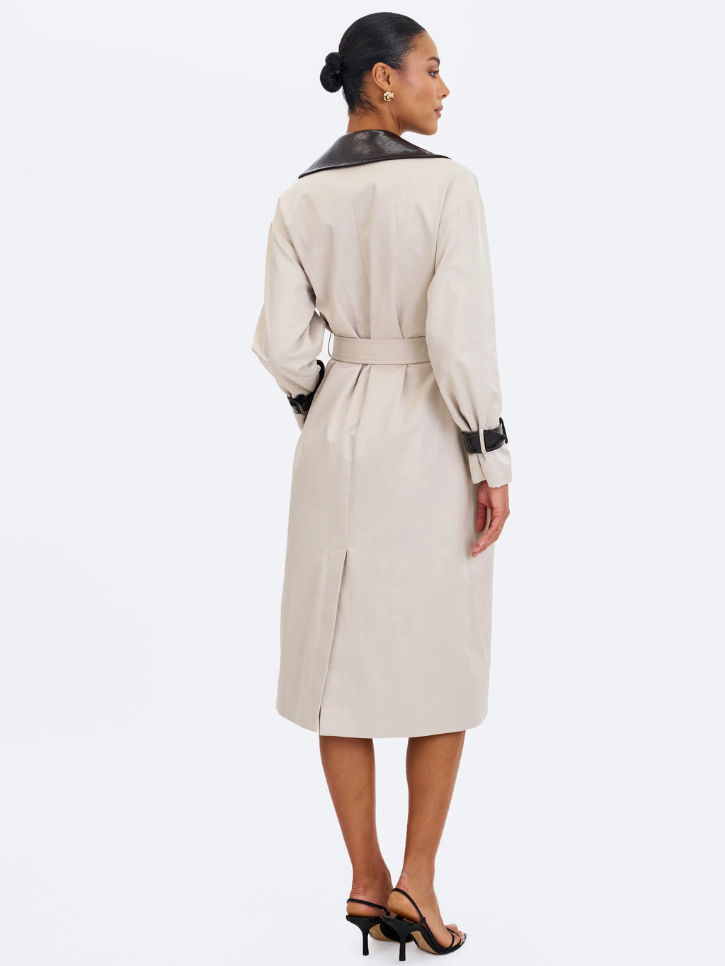 Umber Oyster Double Breasted Faux Leather Lapel Trench Coat