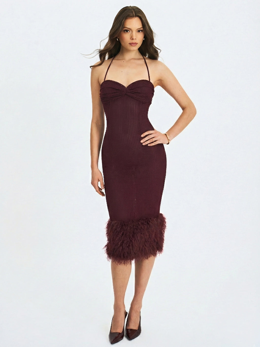 Pluma Maroon Halter Faux Fur Trimmed Midi Dress
